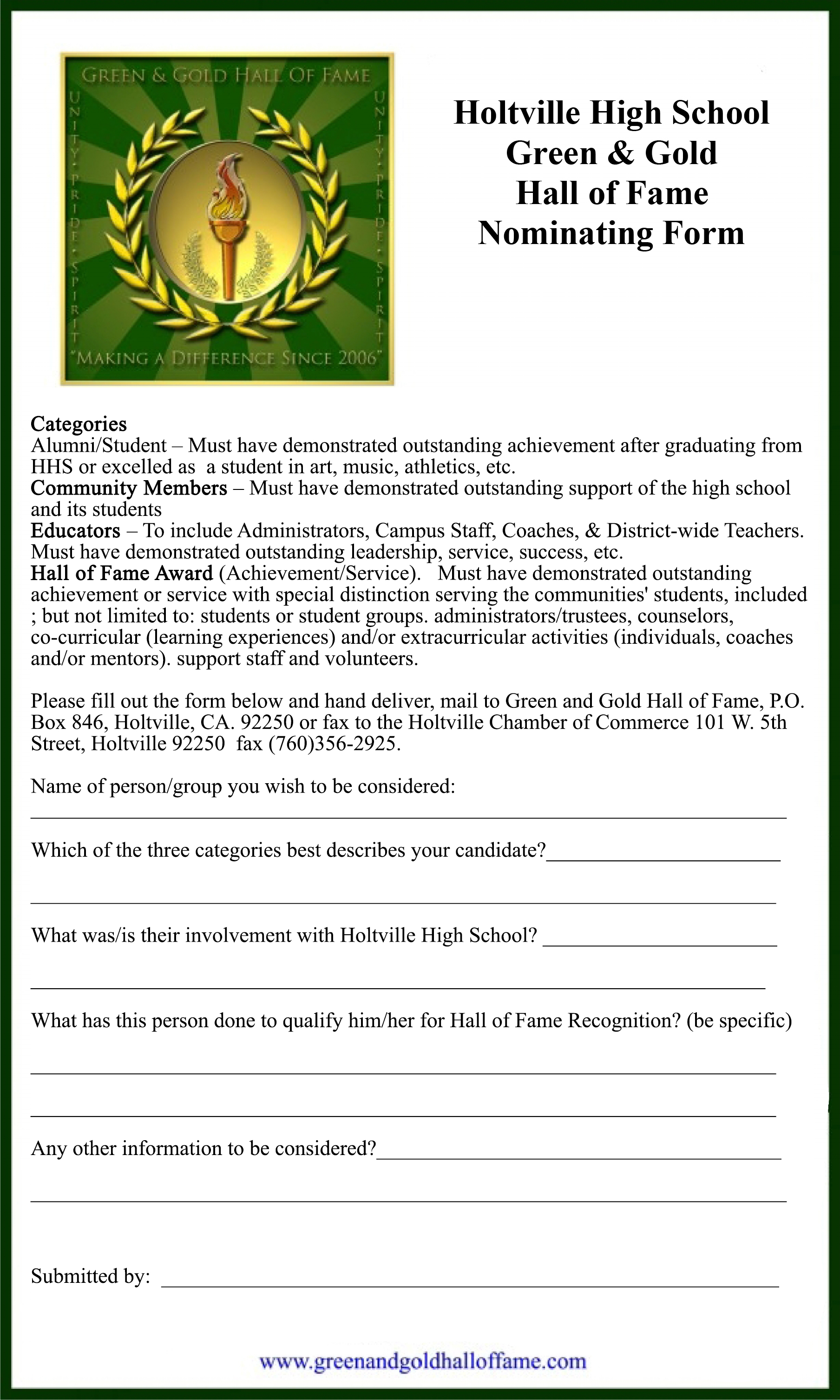 green and gold nominatiog form